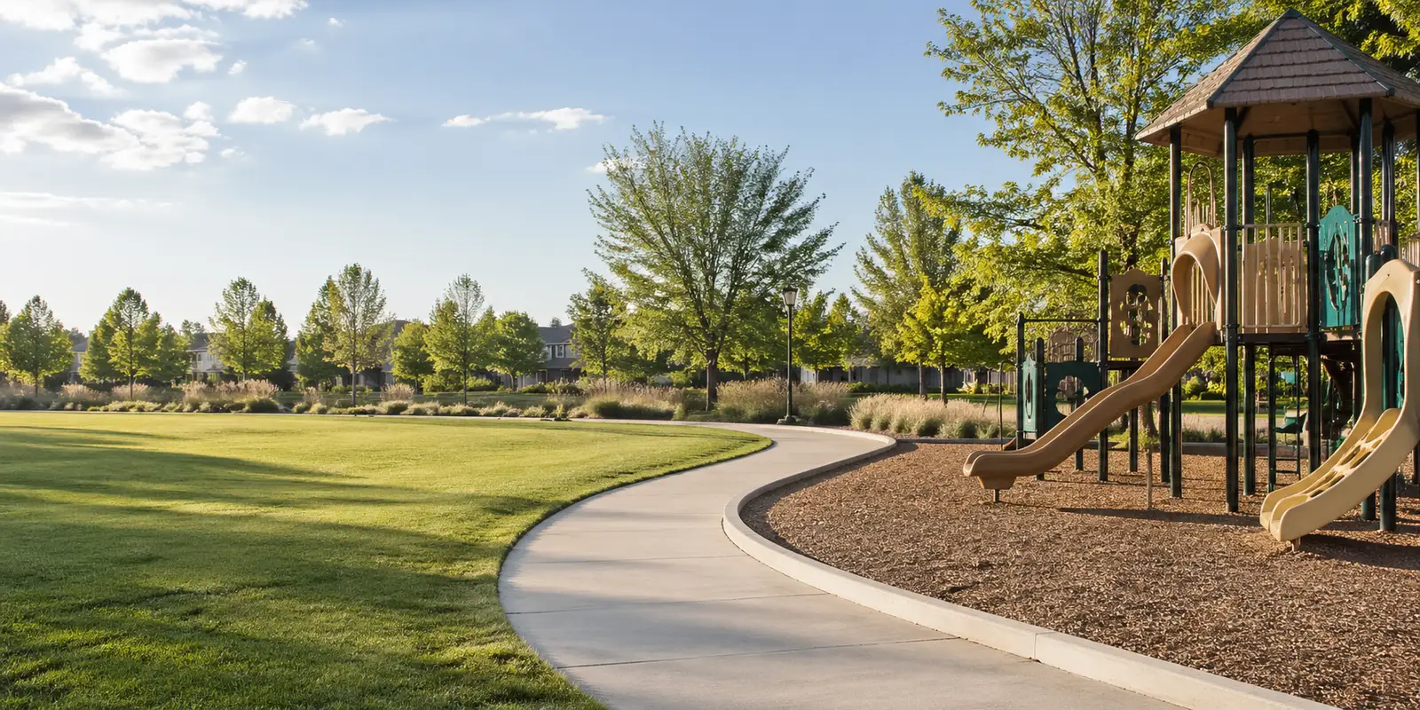 Sunny neighborhood park with a curved path and playground